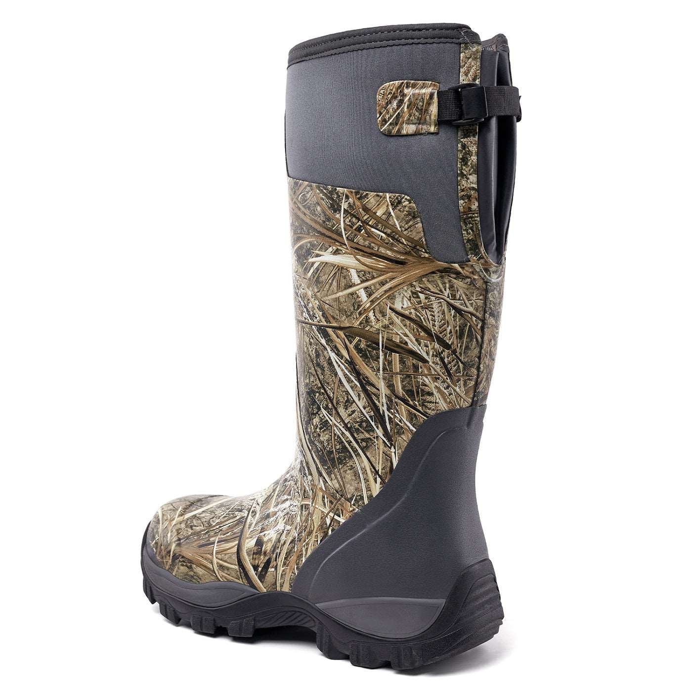 Rear view of Trudave StreamTrek Series men’s tall waterproof hunting boots – Real Reed camo design showing adjustable stretch collar for secure fit and waterproof protection in duck hunting